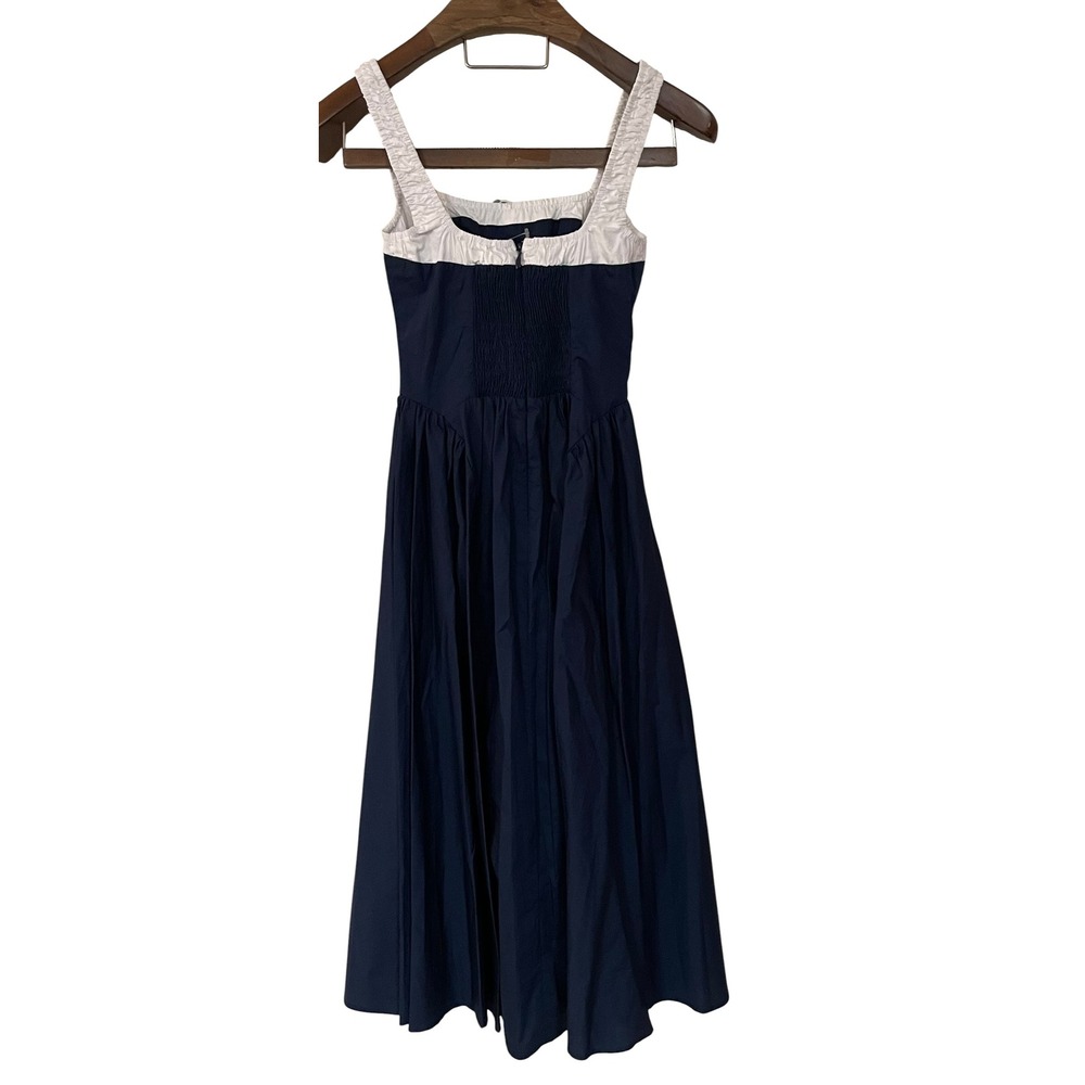 Moon River Blue White Smocked Fit Flare Midi Dress Cotton Milkmaid Cottage XS - Picture 9 of 16